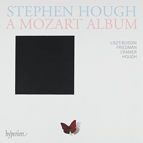 "Album cover with 'Stephen Hough A Mozart Album' text, black square, and red butterfly."