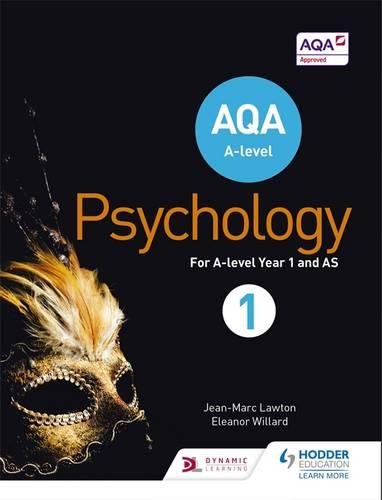 "Textbook cover with skull image, AQA Psychology title, and publisher logos on a black background."
