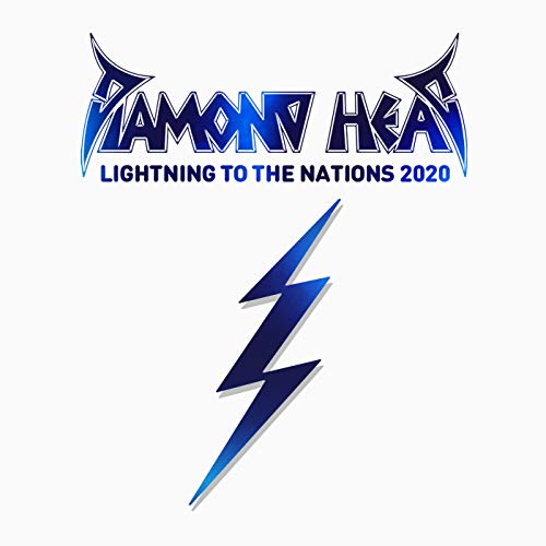 The image shows a vinyl record cover for "Diamond Head - Lightning To The Nations 2020". Here is a concise, descriptive alt text: "Diamond Head album cover with blue lightning bolt on white background."