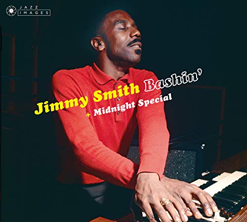"Album cover featuring Jimmy Smith playing an organ, wearing a red shirt."