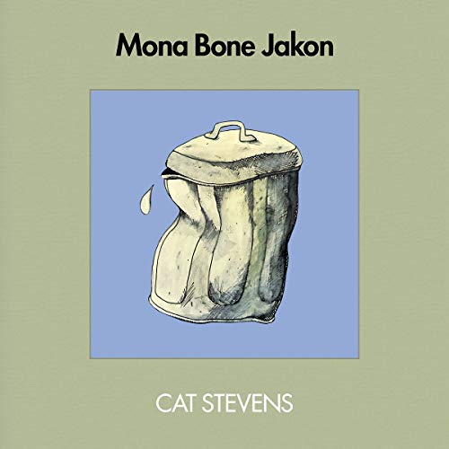 "Cat Stevens' 'Mona Bone Jakon' vinyl record with blue cover and black vinyl."