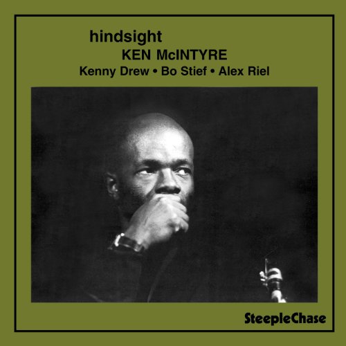 "Album cover with black and white photo of man holding saxophone, on olive green background."