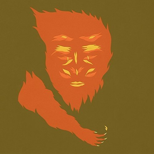 "Orange-toned illustration of a hairy, bearded face on a brown background."