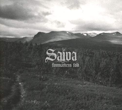 "Black and white landscape with mountains and forest, overlaid with 'Saiva finnmarkens folk' text."