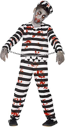 Smiffys Children's Zombie Convict Costume, Trousers, Top, Hat & Wrist Cuffs, Size: L, Colour: Black and White, 44326