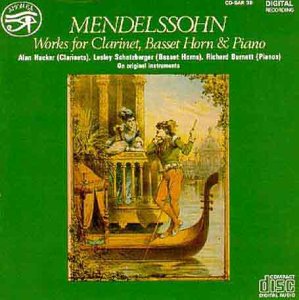 "CD cover for Mendelssohn's clarinet and piano works, featuring a serene, classical scene illustration."