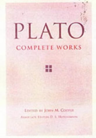 The image is a book cover with a faded pink background and red text. For accessibility purposes, a suitable alt text could be: "Faded pink book cover with 'Plato Complete Works' in red text."