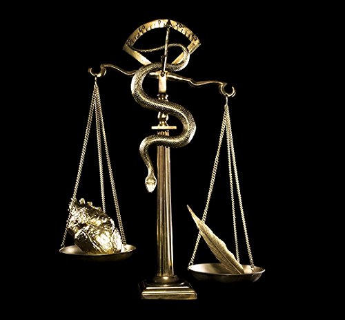 Golden scales with a snake wrapped around the pole, weighing a heart against a feather.