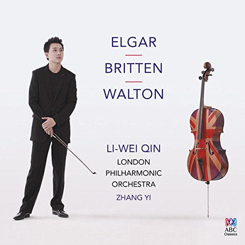 Man in black holds baton next to Union Jack-patterned cello on white background.