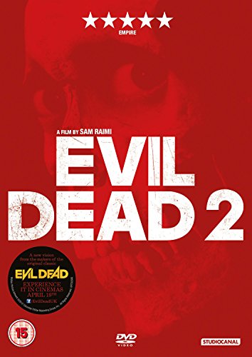 "Evil Dead 2" DVD cover with red background, white title, and horror imagery.