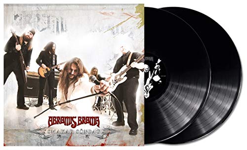 "Album cover with band performing, alongside two black vinyl records on a white background."
