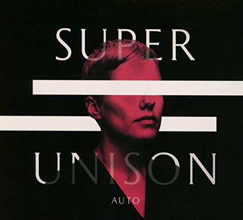 The image shows a vinyl record cover with a man's face and text. For accessibility purposes, a suitable alt text could be: "Black vinyl cover with man's face and 'Super Unison Auto' text."