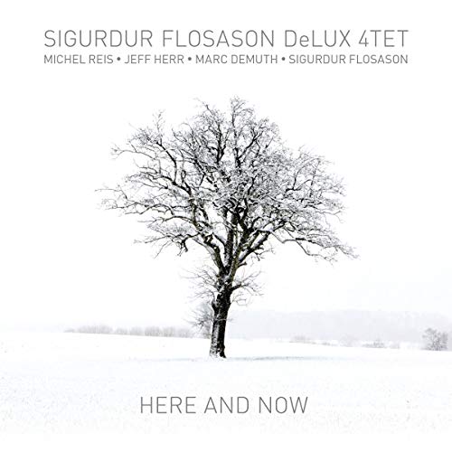 A snowy landscape with a bare tree, album cover with text "Here and Now".