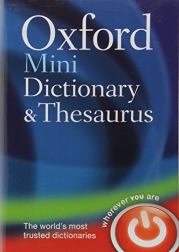"Book cover with 'Oxford Mini Dictionary & Thesaurus' text, blue background, and red button."