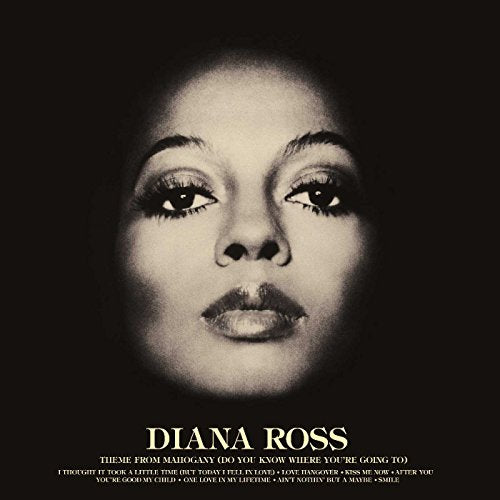 Black-and-white close-up of Diana Ross's face, with her name and song titles below.