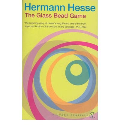 "Book cover with colorful overlapping circles and title 'The Glass Bead Game' on white background."