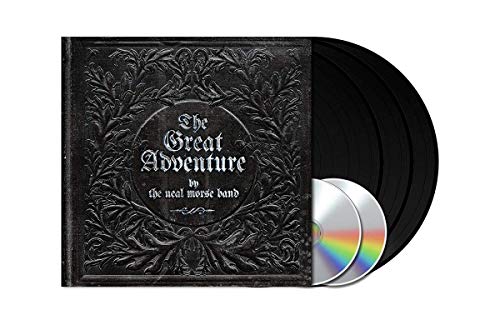 The image shows a vinyl record set with a black embossed cover and three visible discs. Alt text: Black vinyl record set with embossed cover and three discs.
