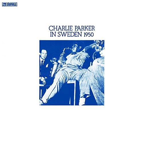 Blue-toned vinyl album cover with Charlie Parker illustration, white background, and text.