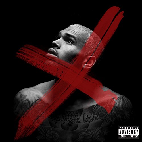 Chris Brown's album cover: black-and-white portrait with red 'X' and "Parental Advisory" label.