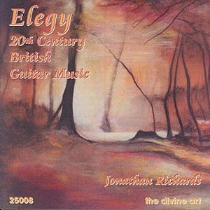 "Elegy" CD cover featuring a serene forest landscape painting with orange and red hues.