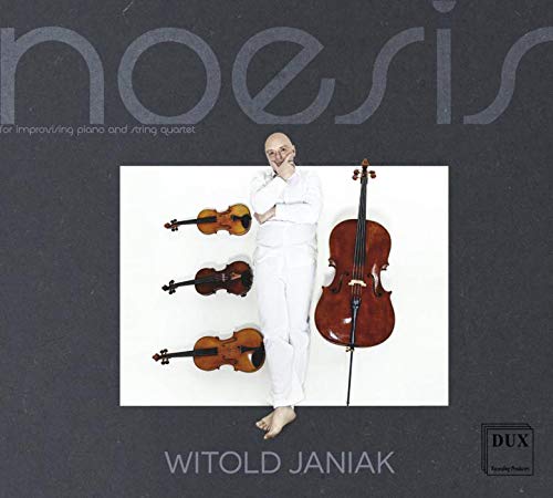 Album cover with man in white surrounded by violins on a dark grey background.