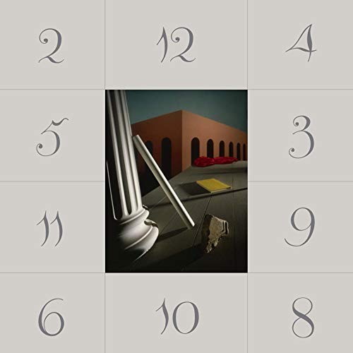 The image shows a vinyl record cover for "New Order - Thieves Like Us" surrounded by a grid of numbers. For accessibility purposes, a concise alt text could be: "Vinyl record cover with a car's front end and a building."