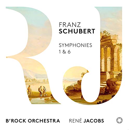 "CD cover with 'B' and 'J' filled with classical landscape images, white background."