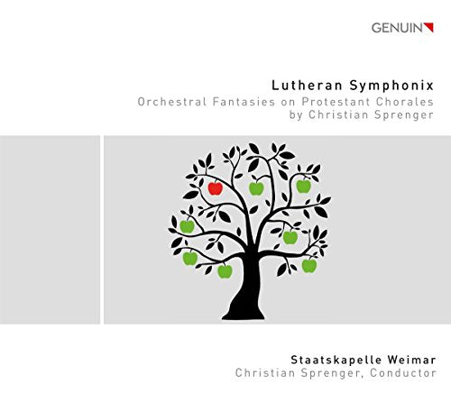 A CD cover featuring a black tree with green and red apples on a grey background.