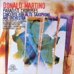 CD cover for "Martino: Paradiso Choruses" with abstract, multi-colored design and text overlay.