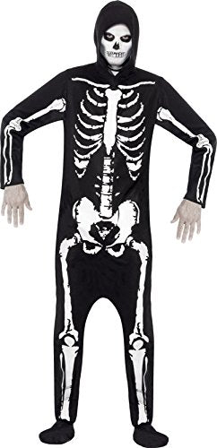 Black skeleton costume with white bones and a hood, full-body onesie.
