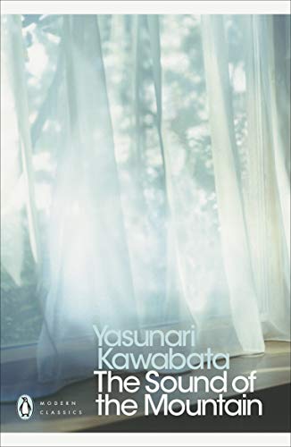 Book cover of "The Sound of the Mountain" with white curtains and forest background.