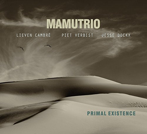 "Mamutrio's 'Primal Existence' CD cover featuring a sepia-toned desert landscape with birds."