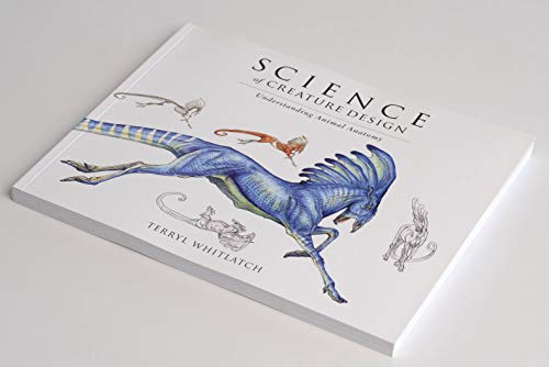 Book cover with blue creature and sketches on white background, titled Science of Creature Design.