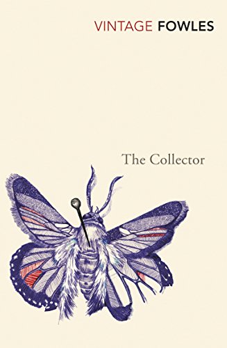 "Book cover with orange background, black-and-white butterflies, and title 'The Collector' by John Fowles."