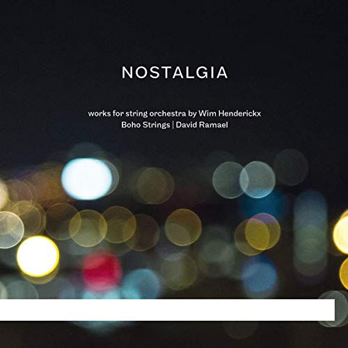 "CD cover with 'Nostalgia' title, blurry city lights on dark background, white text and bar."