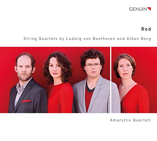 "CD cover featuring four musicians against a red background, dressed in formal attire."