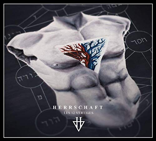 A torso sculpture with a tree graphic on a CD cover with Hebrew symbols.