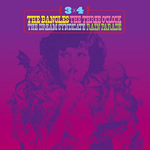 A purple album cover with a man surrounded by illustrations and band names.
