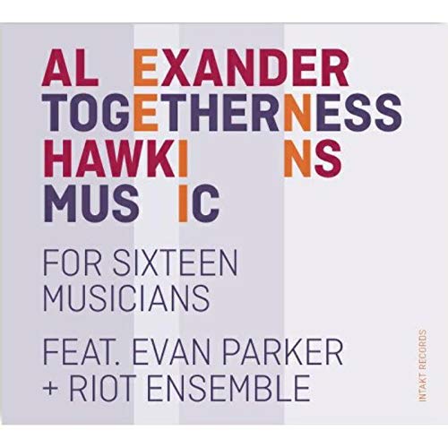 Album cover with multicolored text on a light gray background with vertical stripes.