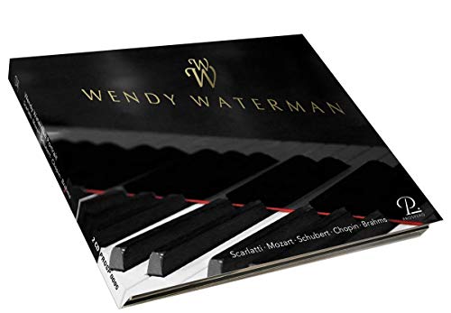 "CD cover featuring piano keys with 'Wendy Waterman' in gold lettering and composer names listed."
