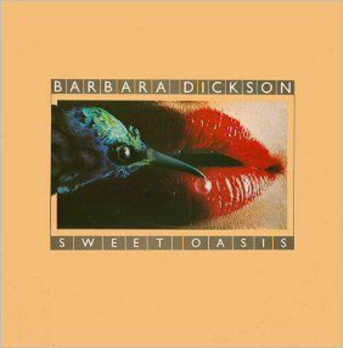 Album cover with a bird's beak near red lips on a beige background.