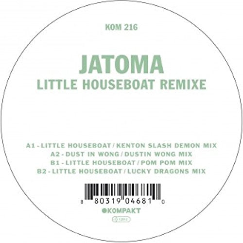 White vinyl record label with green text, displaying "JATOMA LITTLE HOUSEBOAT REMIXE" and a barcode.