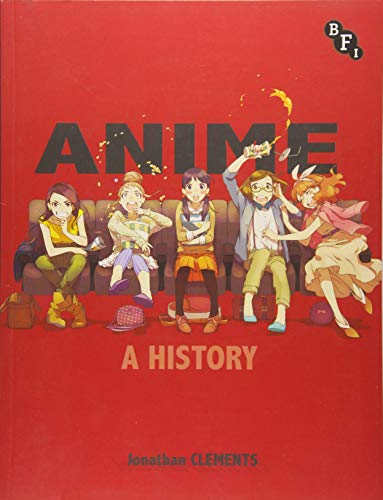 "Red book cover with cartoon characters on couch and title 'Anime: A History'."