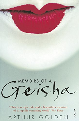 "Book cover featuring a close-up of red lips and title 'Memoirs of a Geisha'."