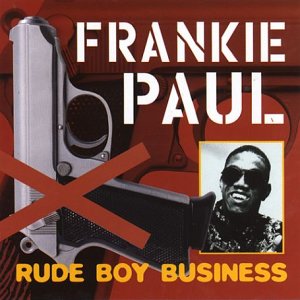 "Album cover with a gun and a man's portrait on a red background."
