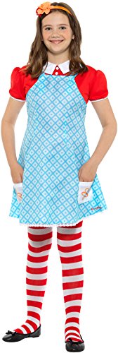 Young girl wearing a red shirt, blue checkered apron, and striped tights, smiling directly.