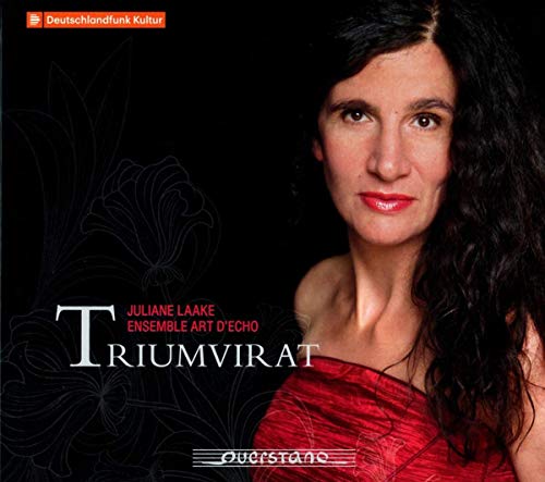 A woman with long dark hair and a red dress on a black album cover.