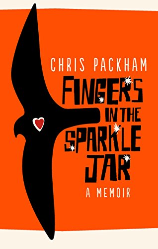 Book cover with orange background, black hand silhouette, and title "Fingers in the Sparkle Jar".