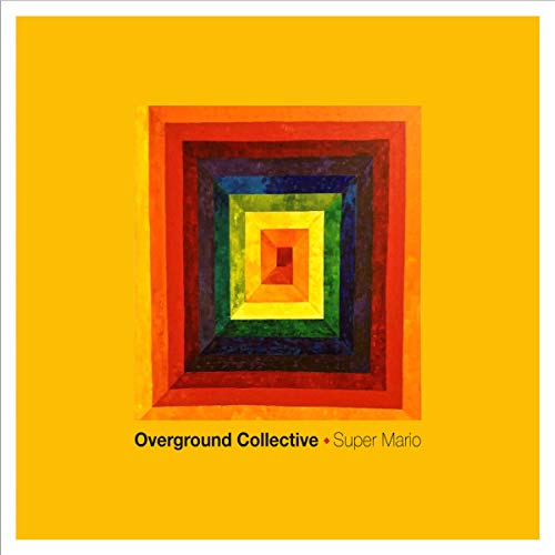 "Album cover with a yellow background, multicolored nested squares, and artist/album name at the bottom."