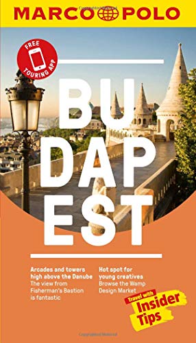 The image depicts a travel guide cover featuring a scenic view of Budapest. #### Alt Text: "Travel guide cover with 'Budapest' in large text, scenic cityscape, and 'Marco Polo' banner."